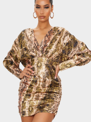 Brown Snake Print Satin Plunge Long Sleeve...