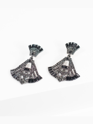 Deco Style Black Rhinestone Drop Fan Earrings