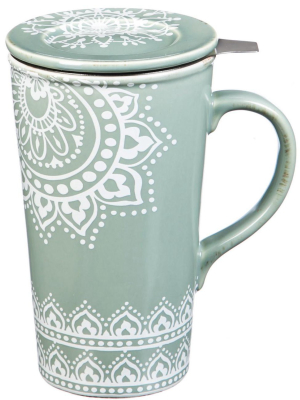 Evergreen Flag Double Wall Ceramic Cup W/ Infuser & Lid, 12 Oz., Tea Lace