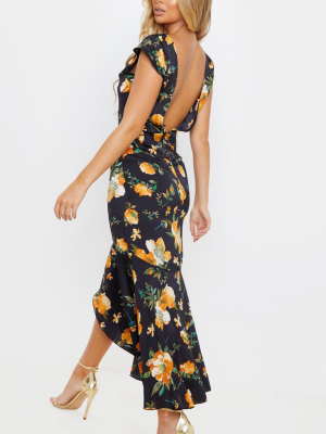 Black Floral Print Ruched Skirt Frill Hem Midi...