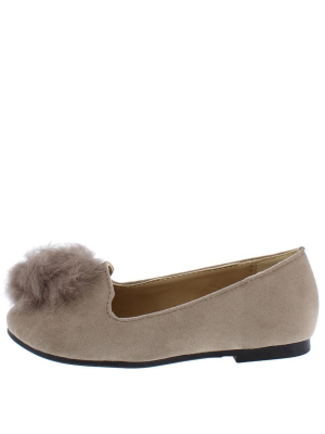 Diana14k Taupe Fuzzy Pom Pom Loafer Kids Flat