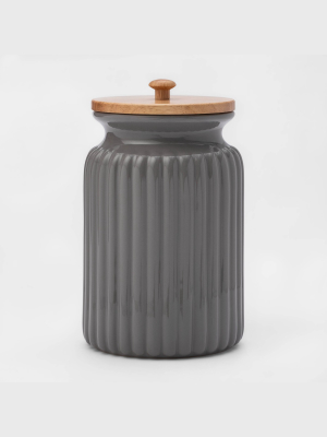 121oz Stoneware Ribbed Food Storage Canister With Wood Lid Gray - Threshold™