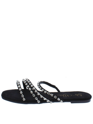 Naveah Black Rhinestone Strappy Open Toe Slide Sandal