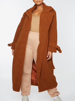 Plus Brown Borg Oversized Belted Coat