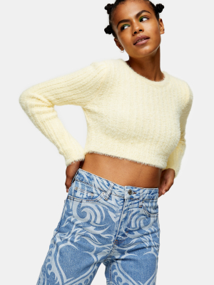 Yellow Fluffy Ribbed Cropped Knitted Sweater