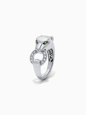 Effy Signature Sterling Silver Diamond And Tsavorite Panther Ring, 0.13 Tcw