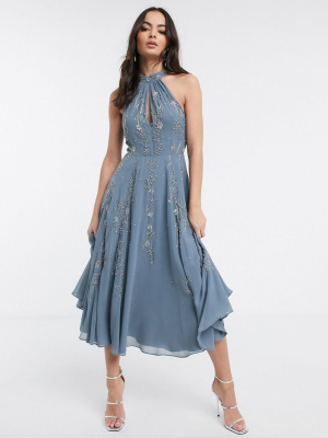 Asos Design Halter Midi Skater Dress In Embellishment With Godets In Blue