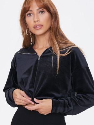 Cropped Velvet Half-zip Hoodie