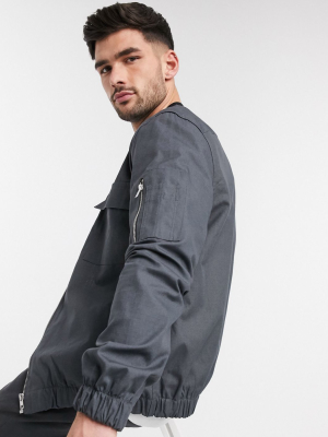 River Island Bomber With Pockets In Gray Ripstop