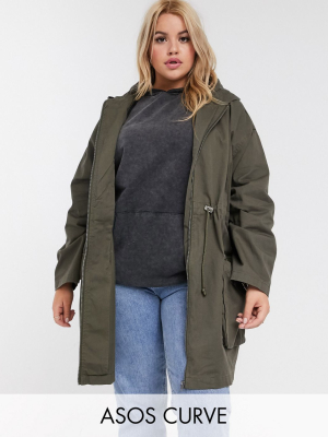 Asos Design Curve Lightweight Parka In Khaki