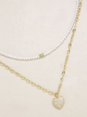 Fit For A Princess Pearl And Heart Layered 18k Gold Plated Necklace Set