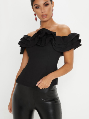 Black Ruffle Edge Bardot Top