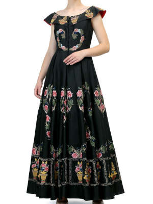 Embroidered Boat-neck Gown