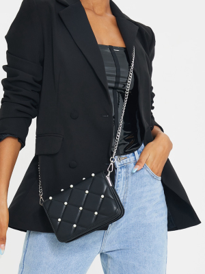 Black Quilted White Pearl Cross Body Bag