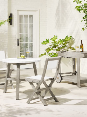 Mosaic Tiled Outdoor Bistro Table, Folding Bistro Chair & Bar Cart Set - White Marble