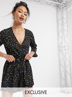 Wednesday's Girl Belted Wrap Romper In Rainbow Polka Dot