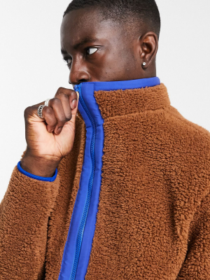 Asos Design Relaxed Teddy Track Jacket In Brown With Nylon Details