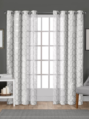 Exclusive Home Panza Sheer Linen Printed Metallic Geometric Grommet Top Window Curtain Panel Pair