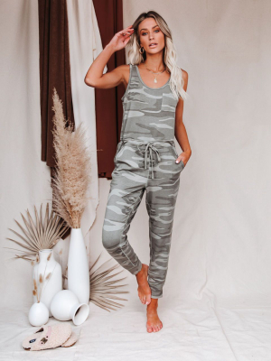 Fairview Pocketed Knit Camo Jumpsuit