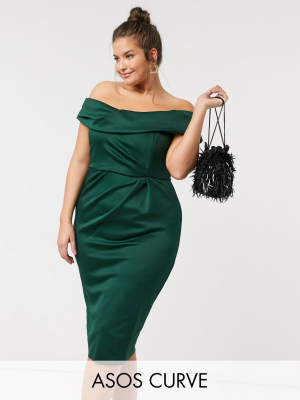 Asos Design Curve Drape Fallen Shoulder Midi Pencil Dress In Forest Green