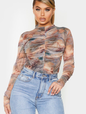 Multi Renaissance Print Mesh Ruched Bodysuit