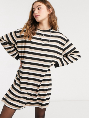 Asos Design Oversized Long Sleeve T-shirt Dress In Camel Stripe