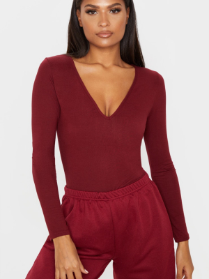 Basic Burgundy V Neck Long Sleeve Jersey Thong...