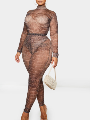 Plus Brown Croc Print Mesh Leggings