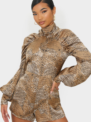 Stone Leopard Print Puff Shoulder Romper