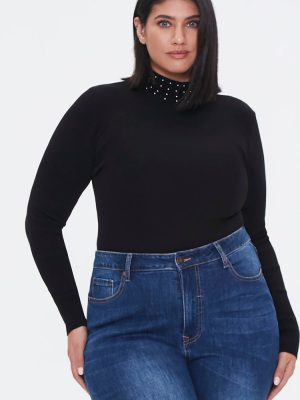 Plus Size Studded Mock Neck Sweater