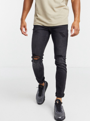 Jack & Jones Intelligence Liam Skinny Fit Jeans With Rips In Black
