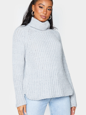 Grey Chunky Soft Knitted Slouchy Roll Neck Jumper