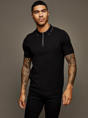 Black Subtle Metallic Thread Knitted Polo