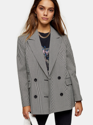 Petite Black And White Satin Mini Houndstooth Single Breasted Blazer