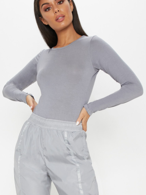 Basic Space Grey Crew Neck Long Sleeve Bodysuit