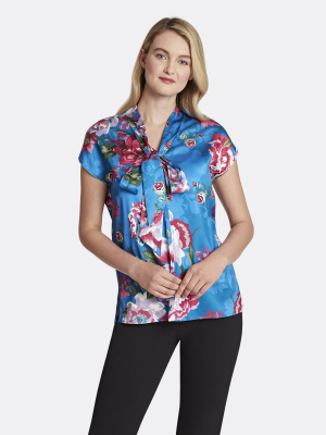 Rose-print Satin Tie-neck Blouse