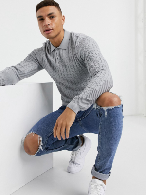 Asos Design Muscle Fit Cable Polo Neck Sweater In Gray