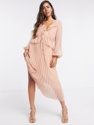 Asos Design Soft Pleated Midi Dress With Drawstring Waist And Frills In Blush
