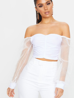 White Slinky Sheer Organza Puff Sleeve Bardot...