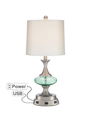 360 Lighting Modern Accent Table Lamp With Usb And Ac Power Outlet Workstation Charging Base Blue Green Glass Drum Shade Office