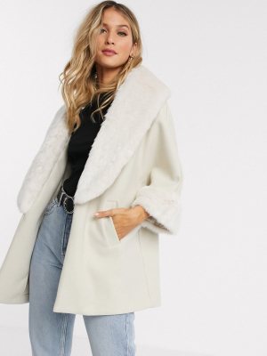 River Island Relaxed Coat With Faux Fur Trim In Cream