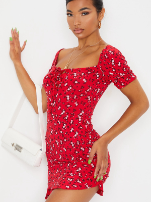 Red Ditsy Floral Print Frill Hem Bodycon Dress