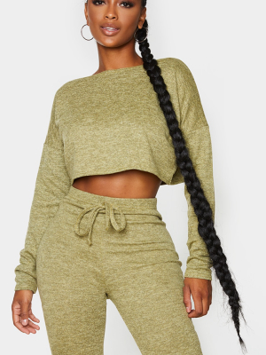 Shape Khaki Knitted Long Sleeve Crop Top