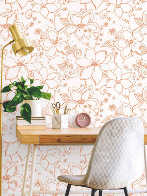 Linework Floral Peel-and-stick Wallpaper In Orange And White By Nextwall