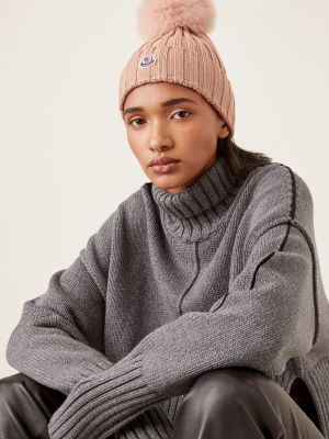 Fur-trimmed Ribbed-knit Wool Beanie