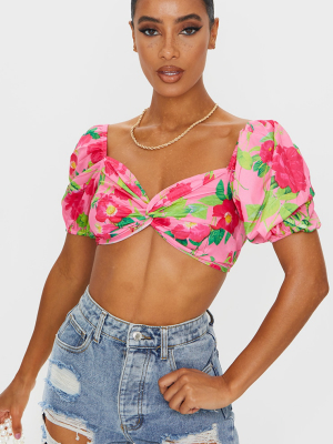 Pink Floral Twist Front Puff Sleeve Crop Top