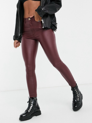 Noisy May Callie Coated High Waist Skinny Jeans In Burgundy