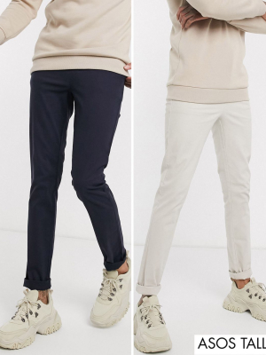 Asos Design Tall 2 Pack Skinny Chinos In Beige & Navy Save