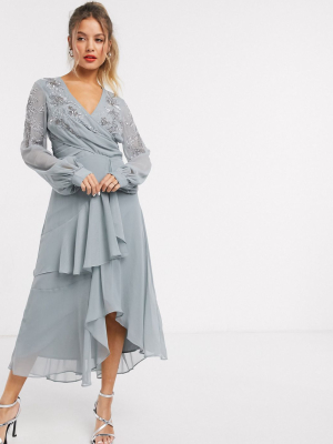 Asos Design Embellished Wrap Waist Midi Dress With Double Layer Skirt And Long Sleeve