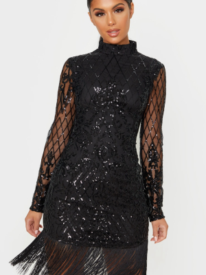 Black Long Sleeve Sequin Tassel Hem Bodycon Dress